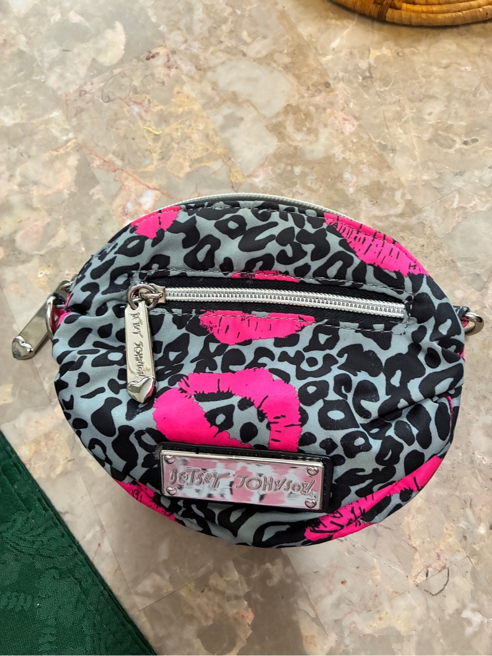Betsey Johnson Pink Lip Leopard Print Round Crossbody Bag